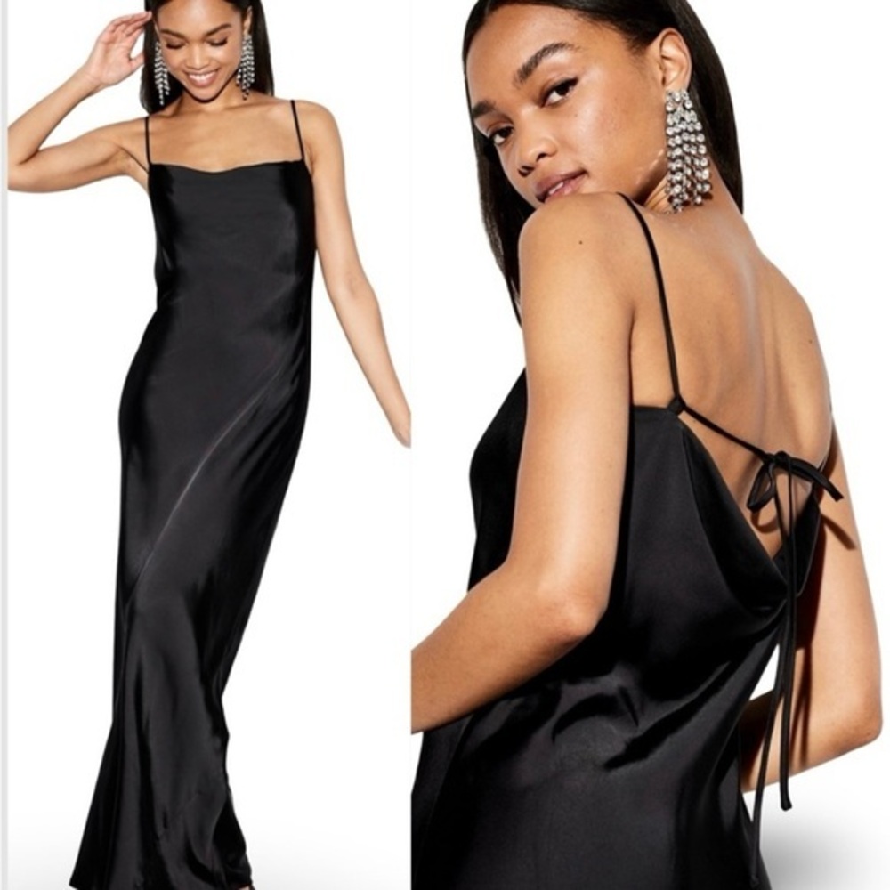 NWTS🌹THE OCCASION LG🌹ELITE LINE LUSTROUS BLACK SATIN DRAPED FRONT OPEN BACK MAXI